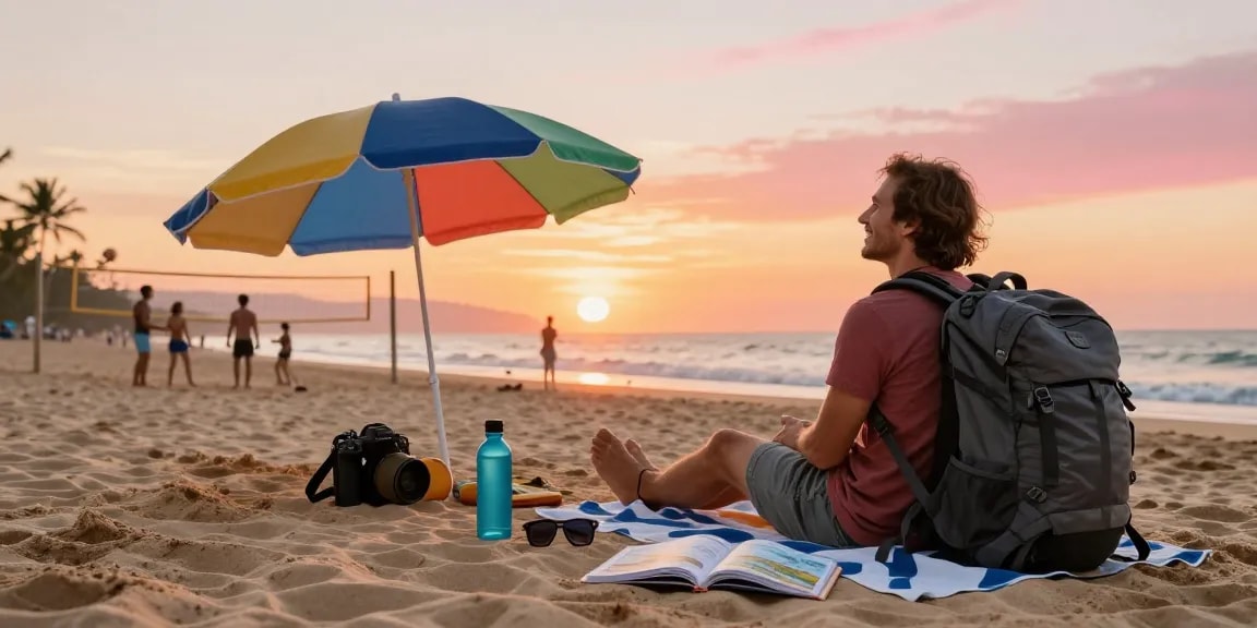 Backpacker enjoying the sunset at Motchill beach, surrounded by travel essentials and friends.