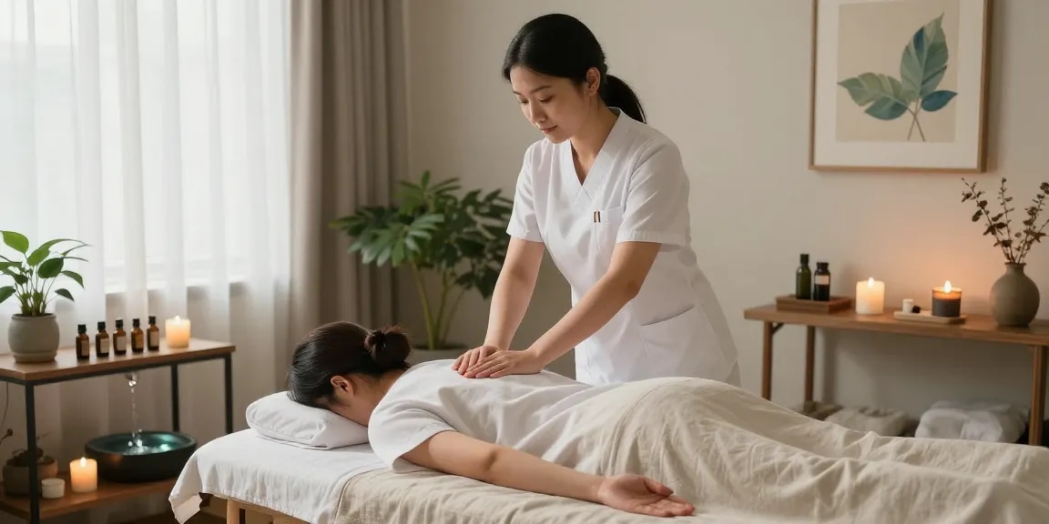 Relaxation massage therapy taking place in a tranquil studio enhancing 종로출장안마 services, showcasing essential oils and calming ambiance.