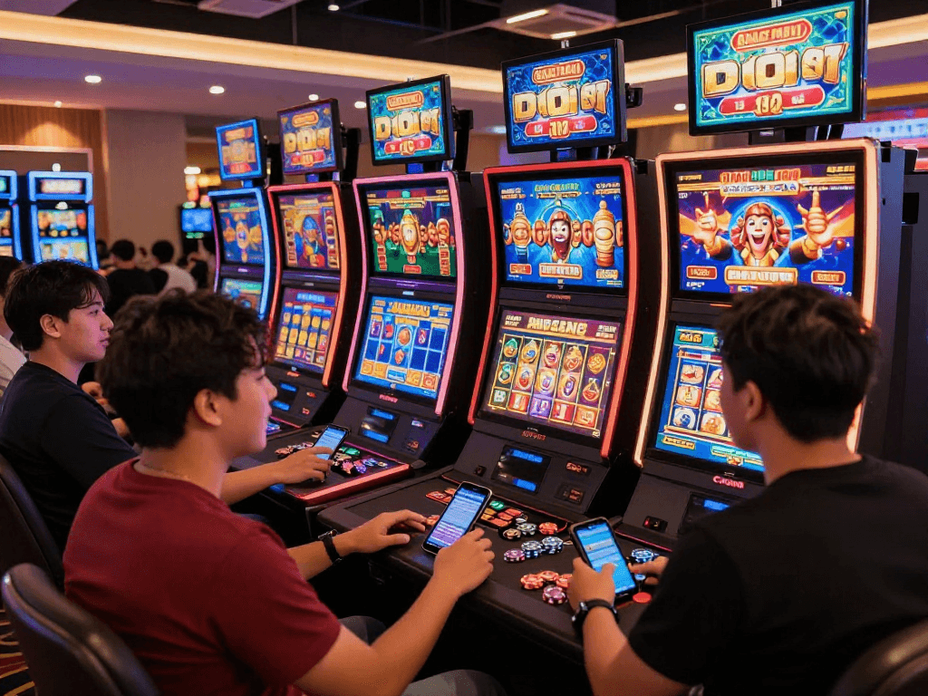Exciting players at situs slot gacor engaging with vibrant digital slot machines in a modern casino setting.