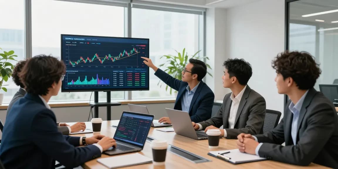 Team discussing ways to buy in BRICS crypto in a modern office.