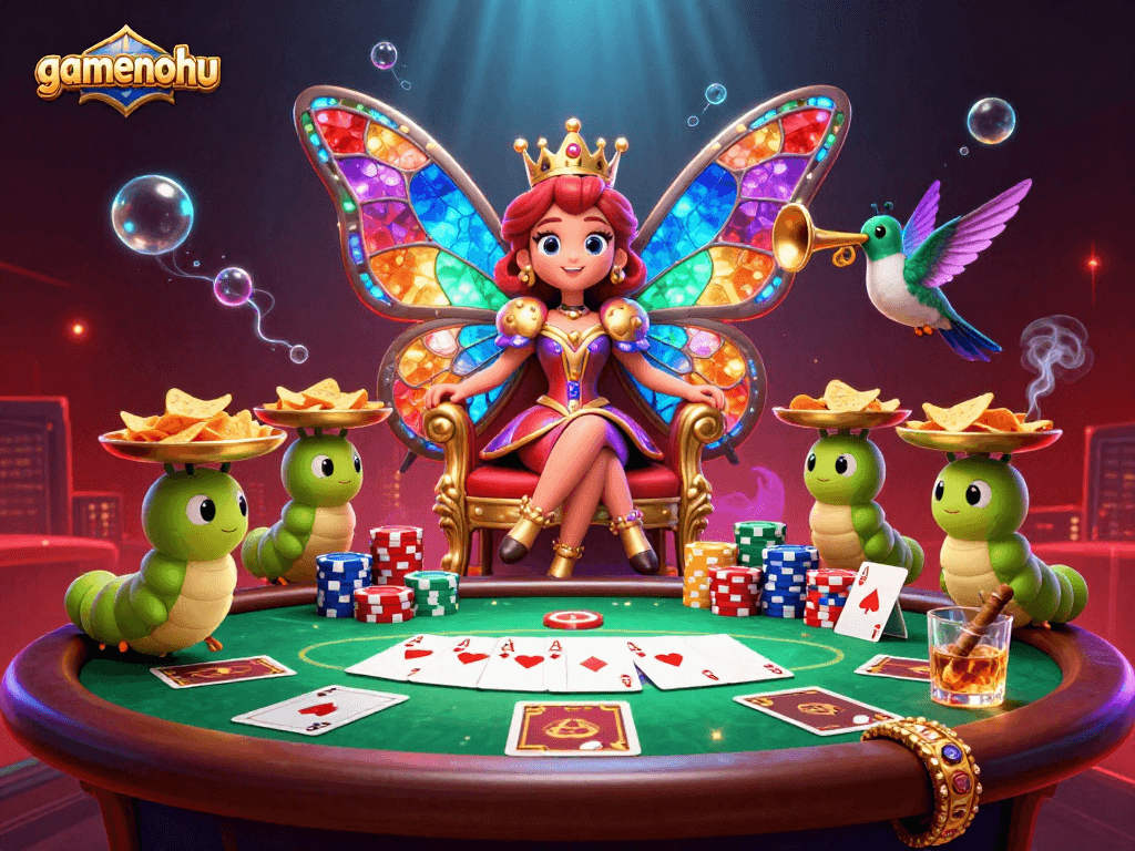 Experience the vibrant scene of gamenohu with a butterfly queen amidst poker chips and cards, showcasing casino action.