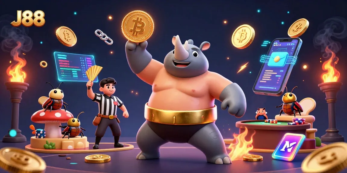 Win big with J88 in a vibrant casino scene featuring beetle champions and crypto elements