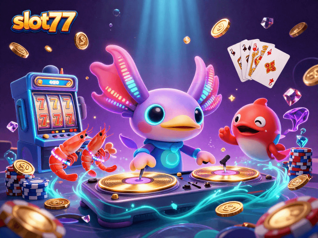 Experience slot777 excitement with an axolotl DJ and colorful slot machine elements!