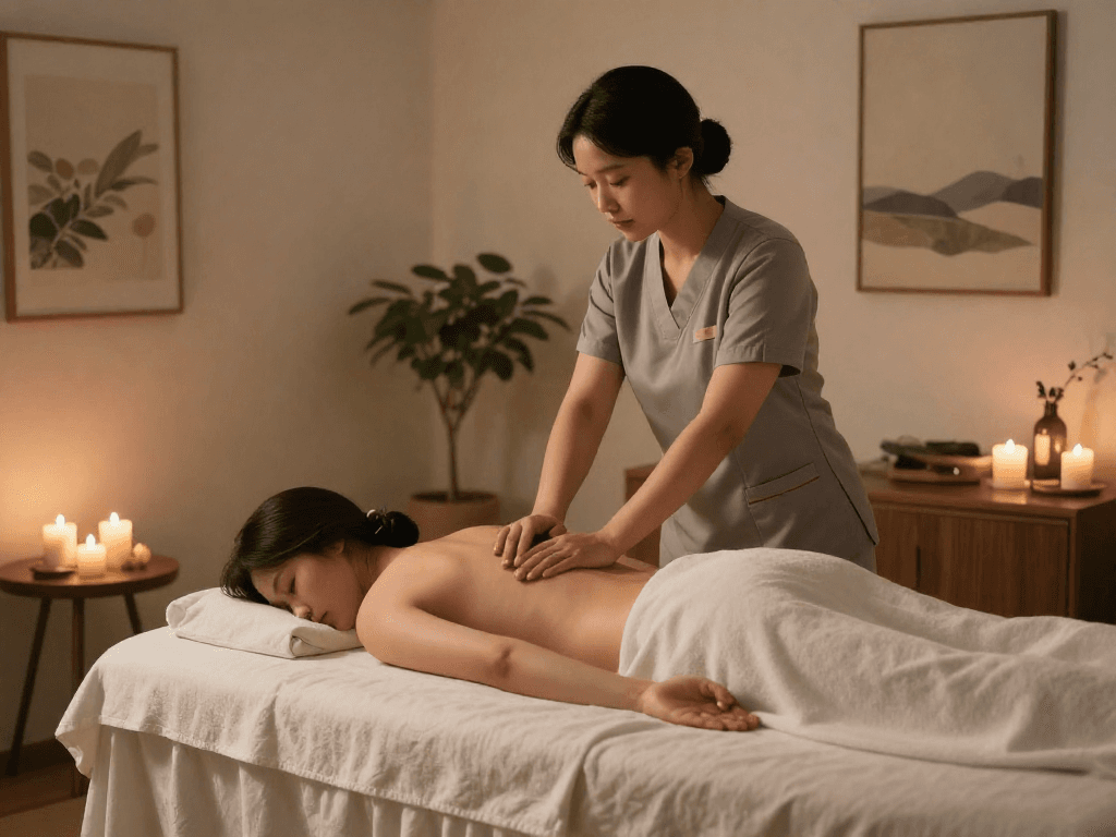 Experiencing soothing 의정부출장마사지 in a tranquil home setting, showcasing relaxation and comfort.