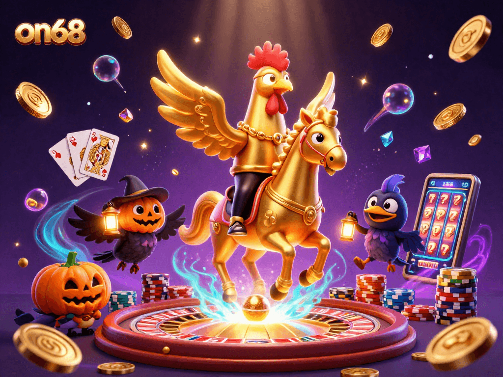 Win big with on68 at the midnight casino, showcasing vibrant games and gold coins.