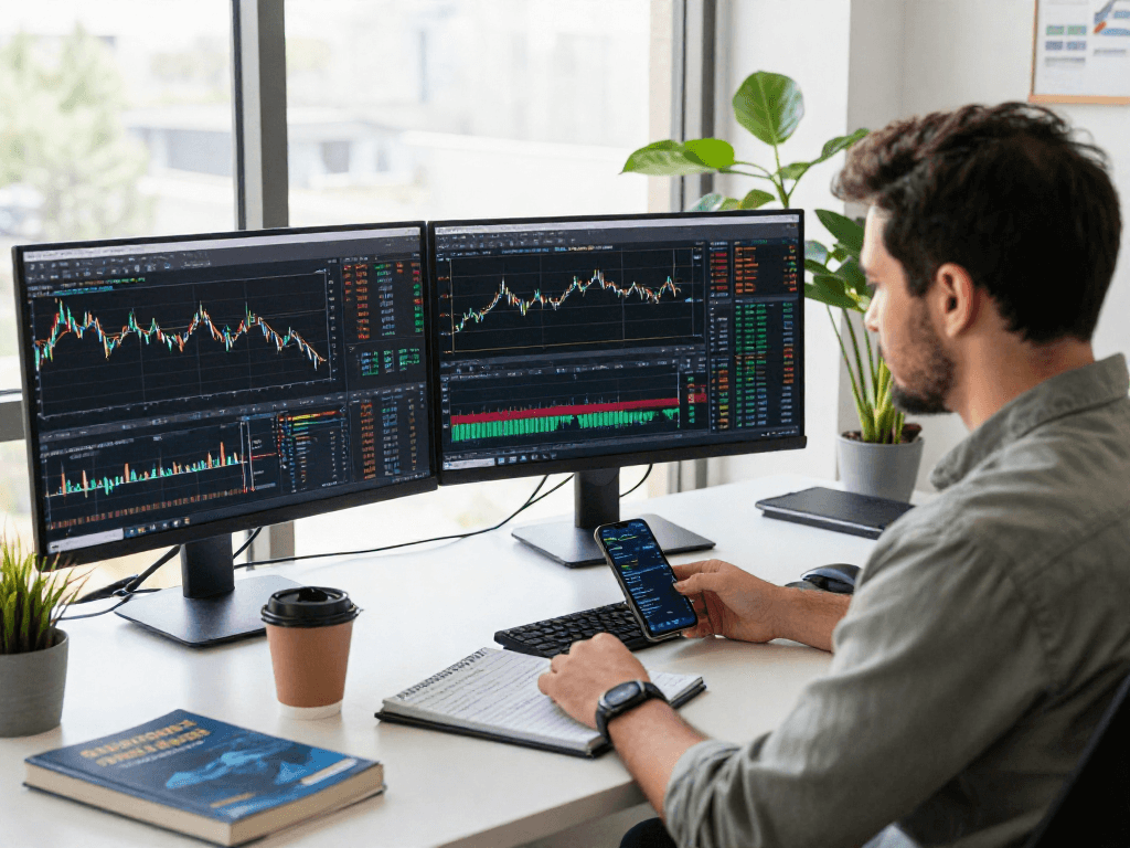 trader using metatrader 5 on multiple screens in a bright office