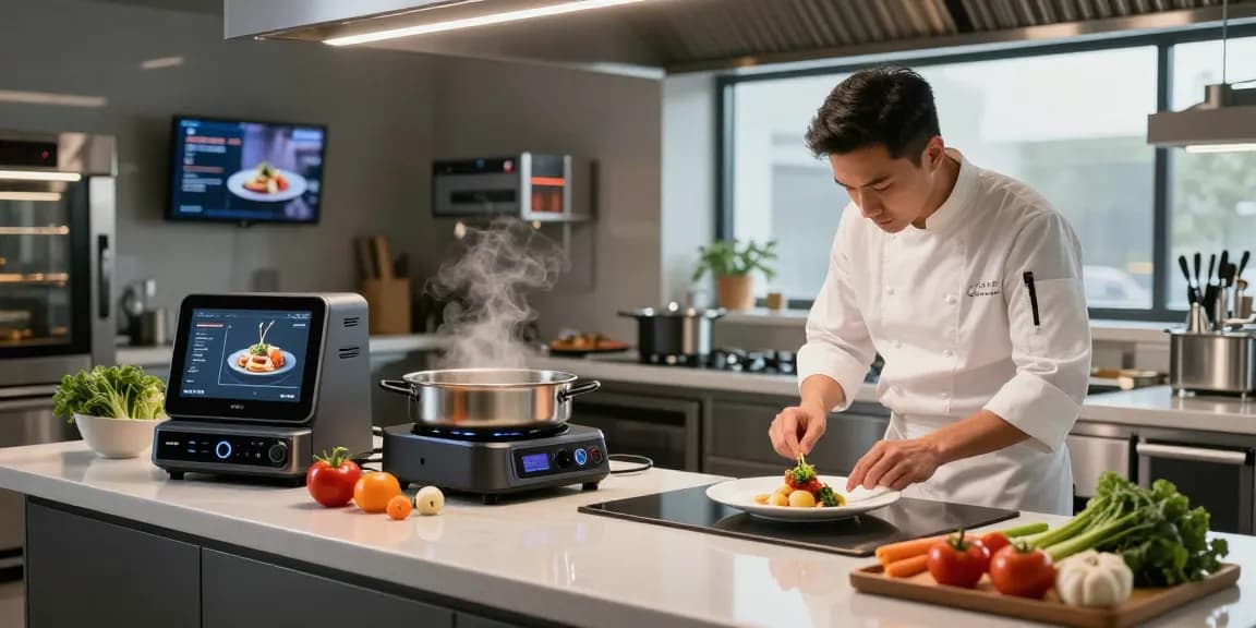 Innovative kitchen scene illustrating gourmeticat technology in action with a chef preparing gourmet dishes.