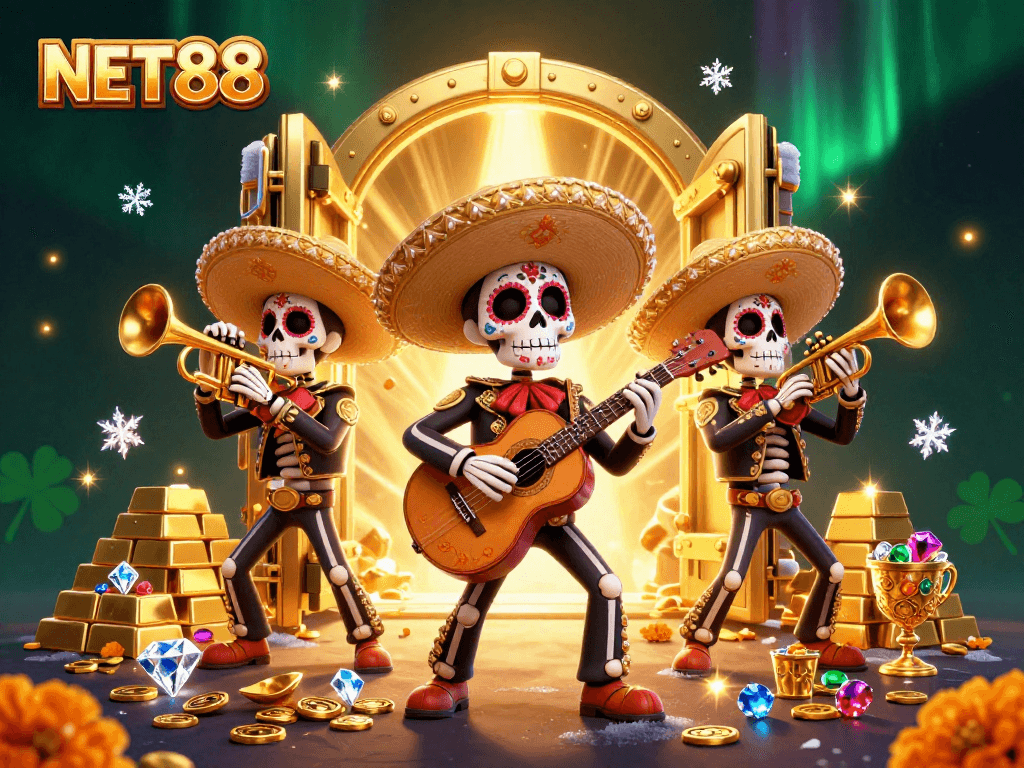 Spin to win with NET88 in a vibrant 3D casino scene featuring mariachi skeletons.