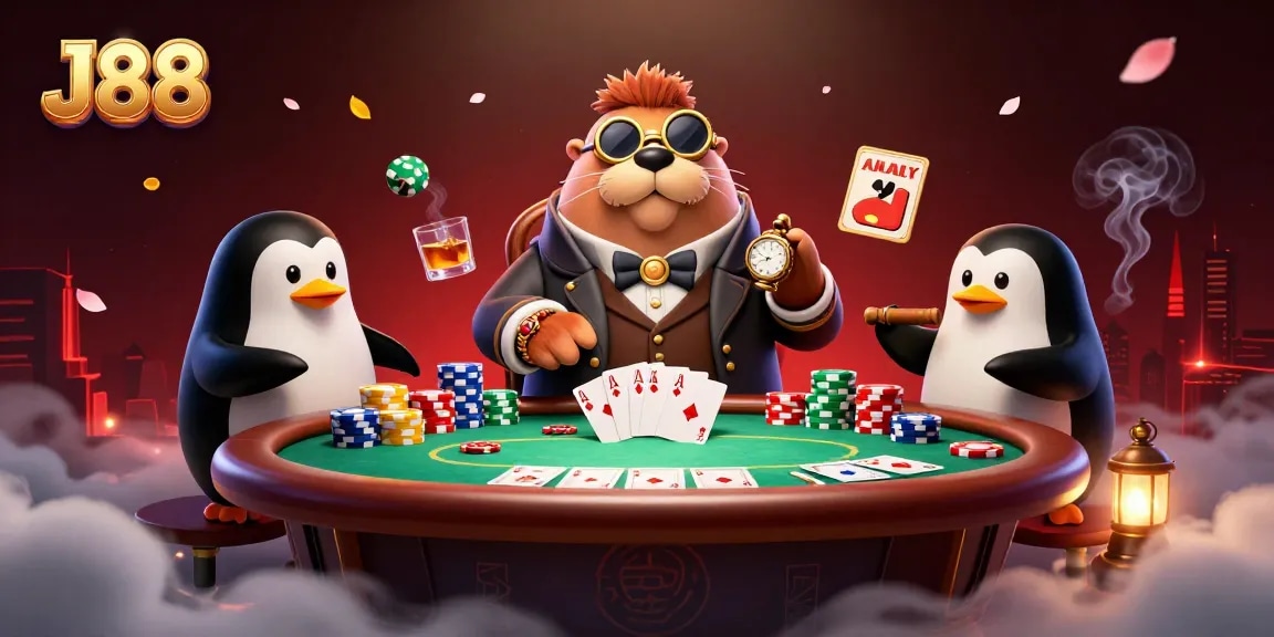 Join the jolly walrus at the J88 poker table for a thrilling underwater showdown.