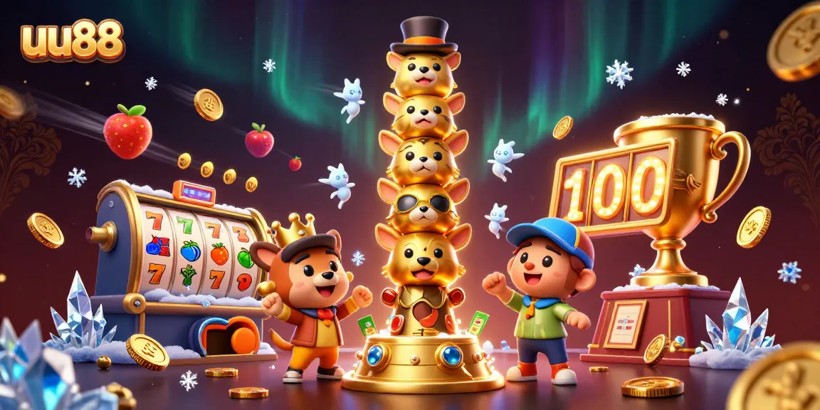 Engage in thrilling gameplay at uu88 with a vibrant 3D scene showcasing dynamic slot games and celebratory elements.
