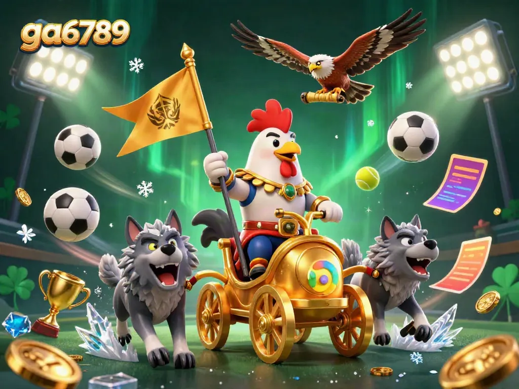 Engage in thrilling battles at ga6789 with a dynamic rooster warlord and fierce wolves amidst a lively casino scene.