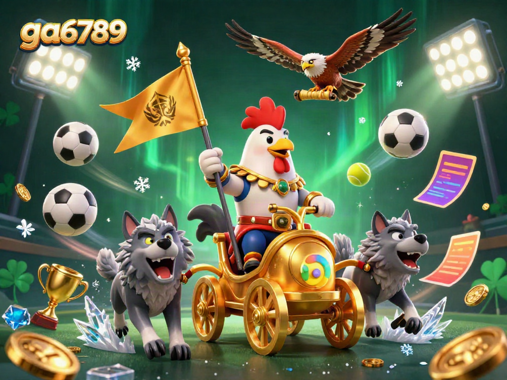 Engage in thrilling battles at ga6789 with a dynamic rooster warlord and fierce wolves amidst a lively casino scene.