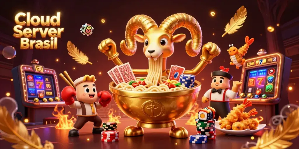 Engage with Cloud Server Brasil in the dynamic gambling scene featuring animated casino characters and gaming elements.