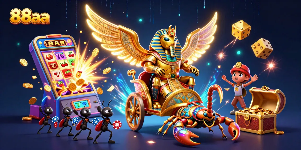 Experience the excitement of 88aa casino with dynamic 3D illustration featuring a golden scarab beetle, scorpions, and vibrant game elements.