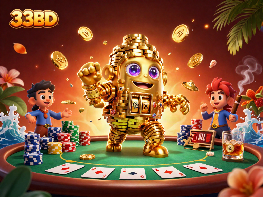 Experience the dynamic world of 33BD casino gaming with vibrant poker action and animated golden characters.