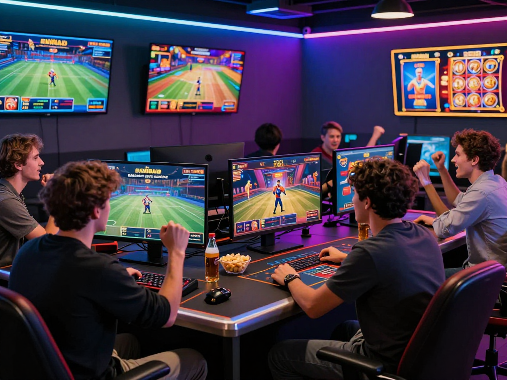 Friends enjoying link alternatif raja328 while gaming online with exciting visuals and a vibrant atmosphere.