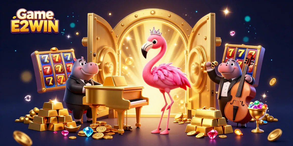 Experience the thrill of Game E2WIN with a vibrant casino scene featuring dynamic characters and dazzling gold elements.
