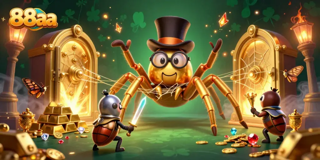 Engage in thrilling 88aa casino adventures with a vibrant scene of a golden spider and beetle knight.