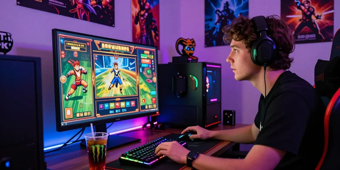 Engaged gamer at https://gravatar.com/playbook88official experiencing thrilling online slots in colorful gaming setup.