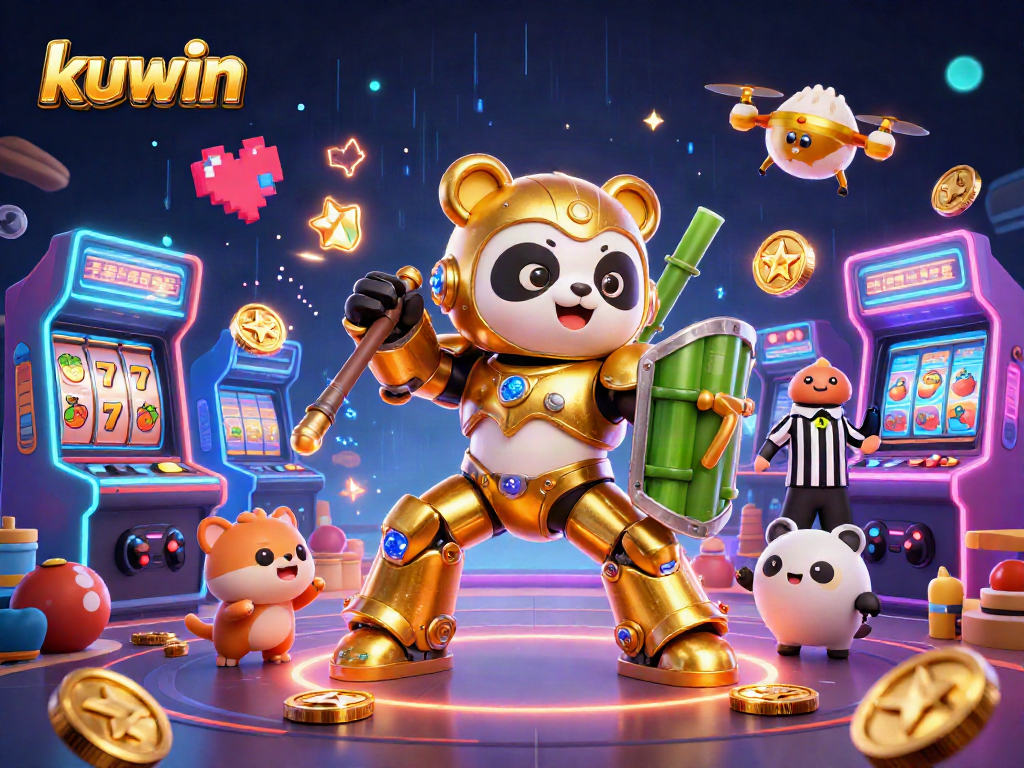 kuwin displays vibrant casino action with a golden panda robot in an arcade setting.