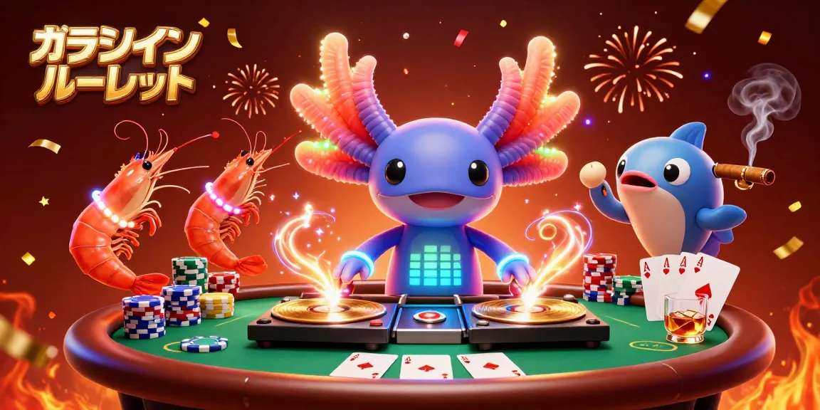 オンラインカジノルーレットでの興奮を感じる、3DのアクソロトルDJが楽しい雰囲気を演出するイラスト。