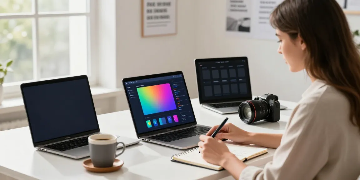 Creating engaging social media captions with AI tools in a modern workspace.