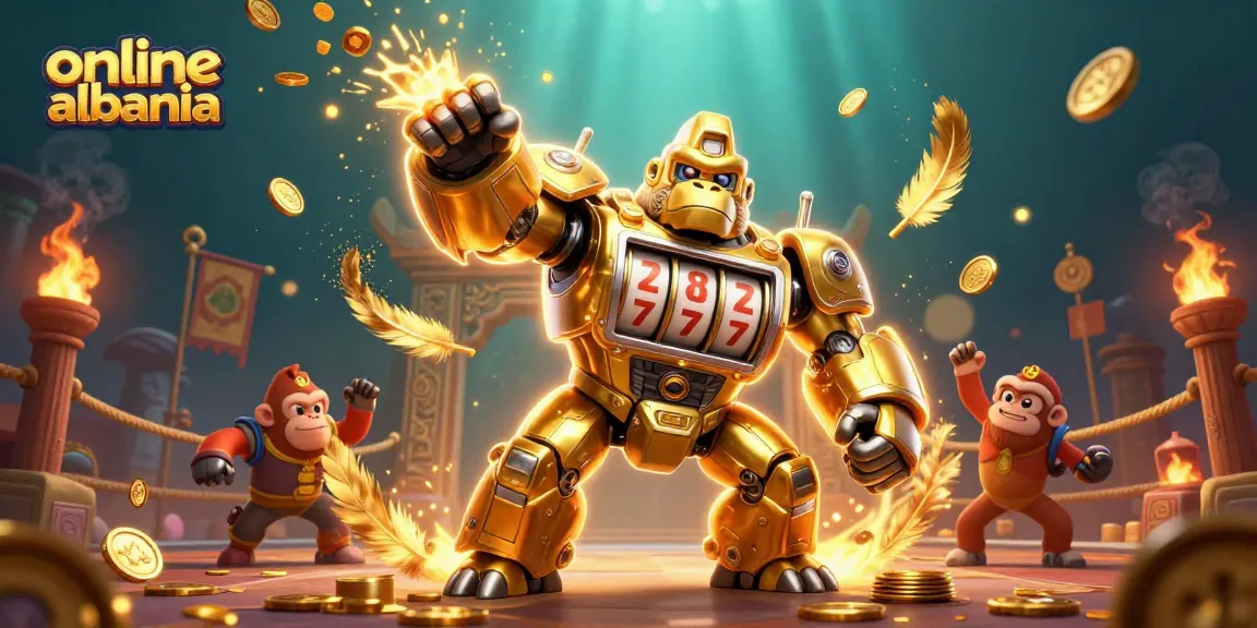 Engage in thrilling gaming action with online casino albania's 3D golden gorilla mech.