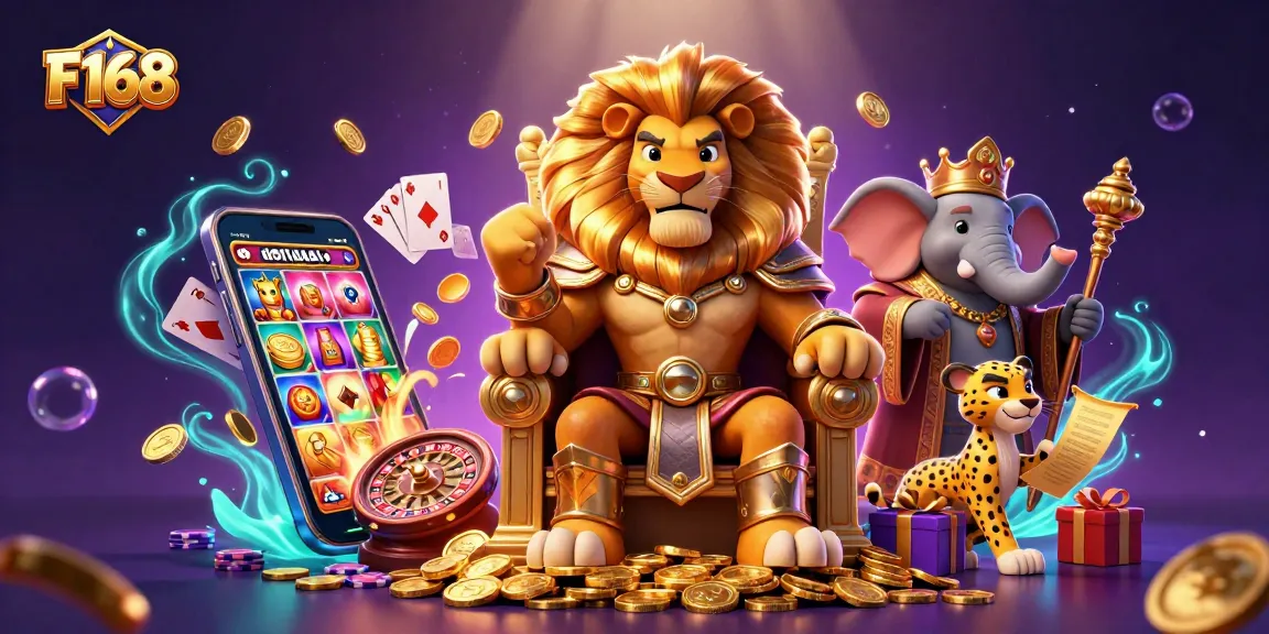 Engage in the F168 online casino experience with a vibrant scene featuring a lion king and gaming elements.