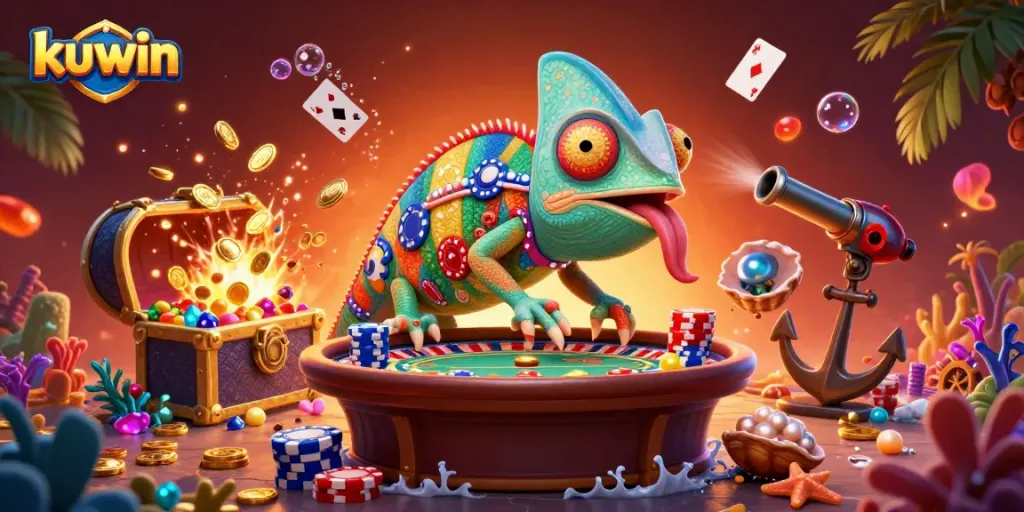 Kuwin's lively casino scene showcasing a chameleon owner and vibrant underwater treasures.