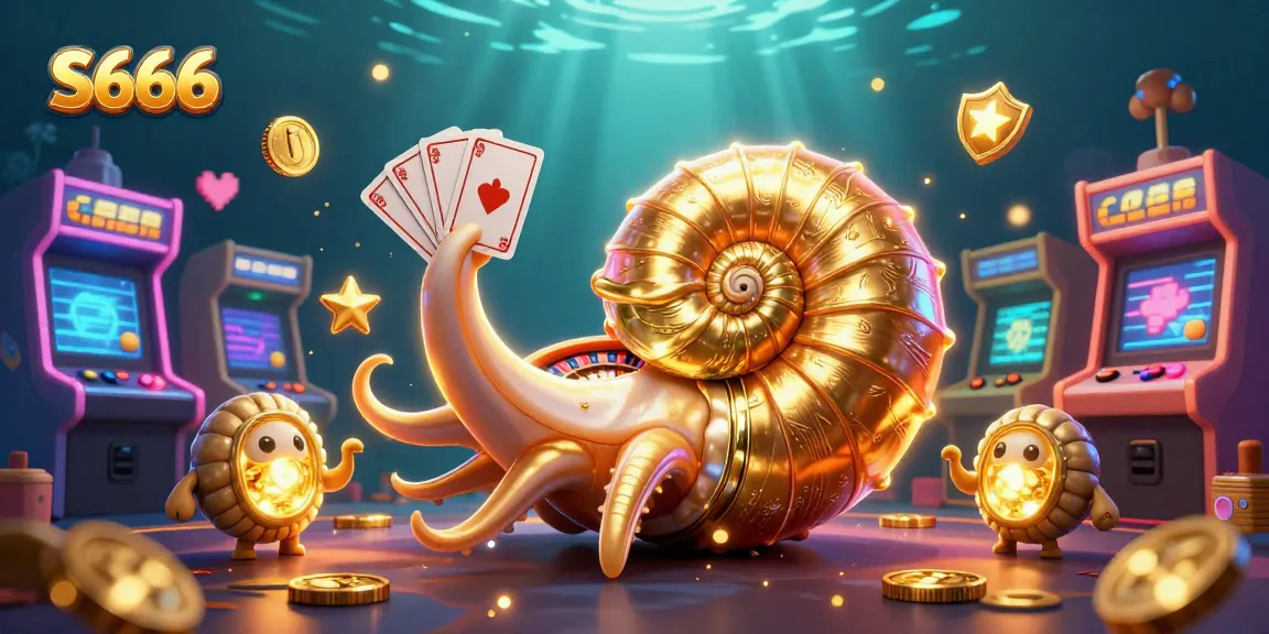 S666 casino scene featuring a giant nautilus roulette wheel with cards, surrounded by colorful game elements.