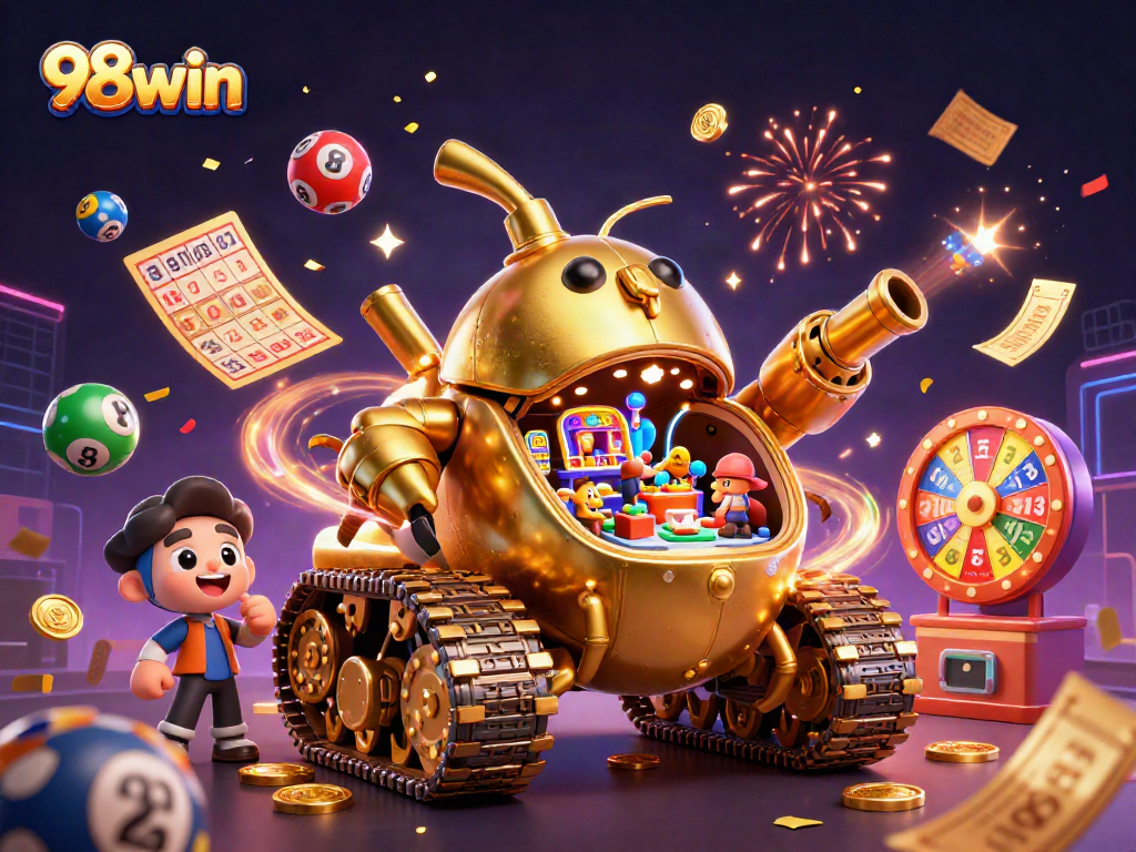 Win big with 98win in this vibrant casino scene featuring a golden beetle tank.