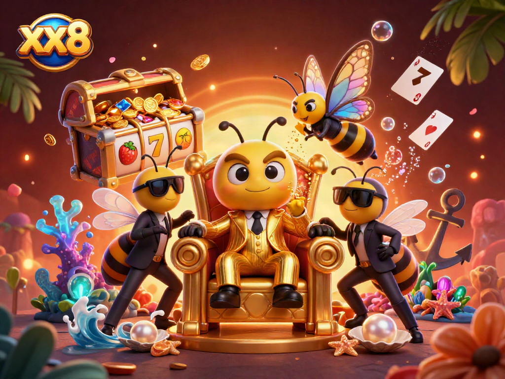 Experience thrilling slot adventures with xx8 and vibrant casino game elements in this lively illustration.