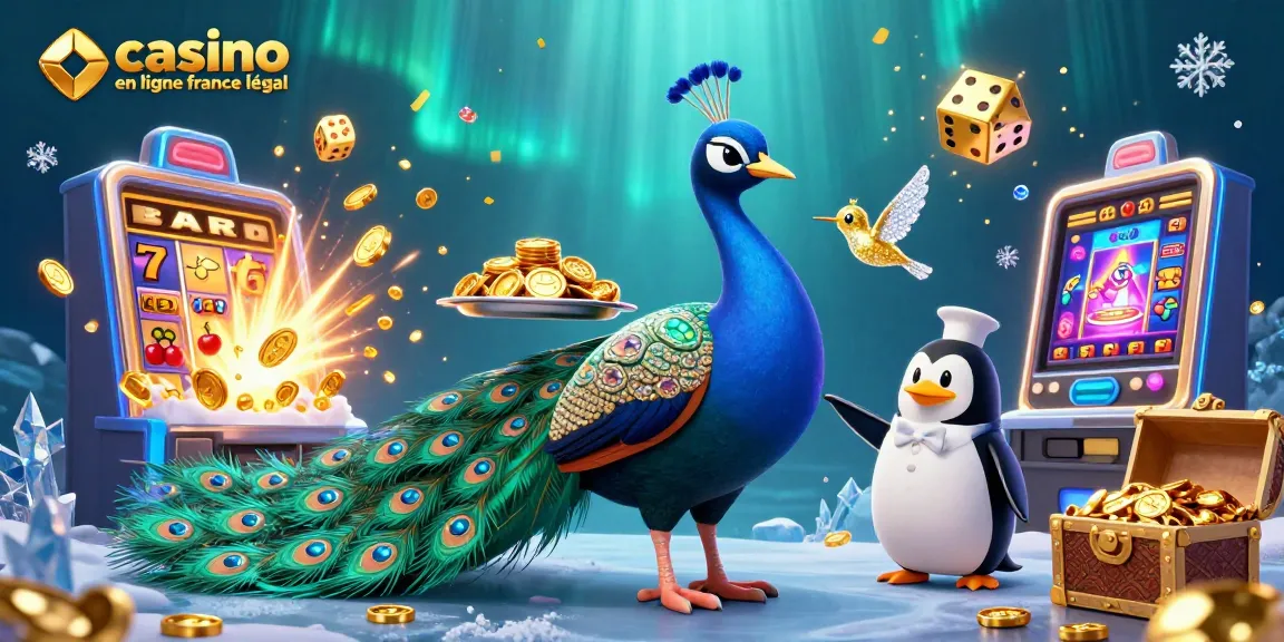 Illustration de casino en ligne légal en France avec un paon aristocratique et des éléments de jeux vidéo.