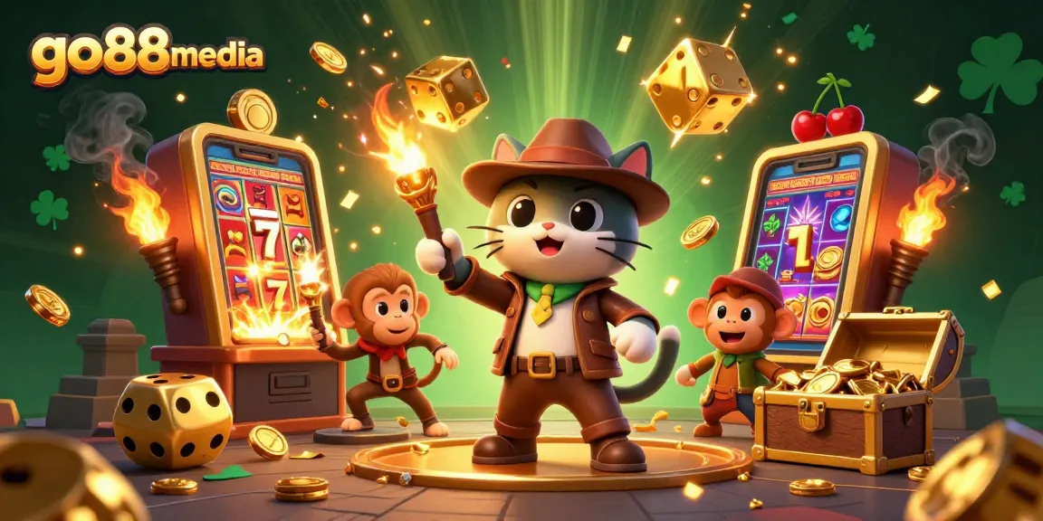 Engage with go88media's dynamic gaming scene featuring an explorer cat uncovering treasures in a thrilling casino adventure.