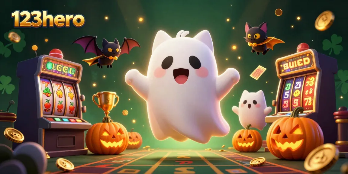 123hero casino game scene showcasing a ghost cat and vampire bat amidst slot machines and glowing jackpots.