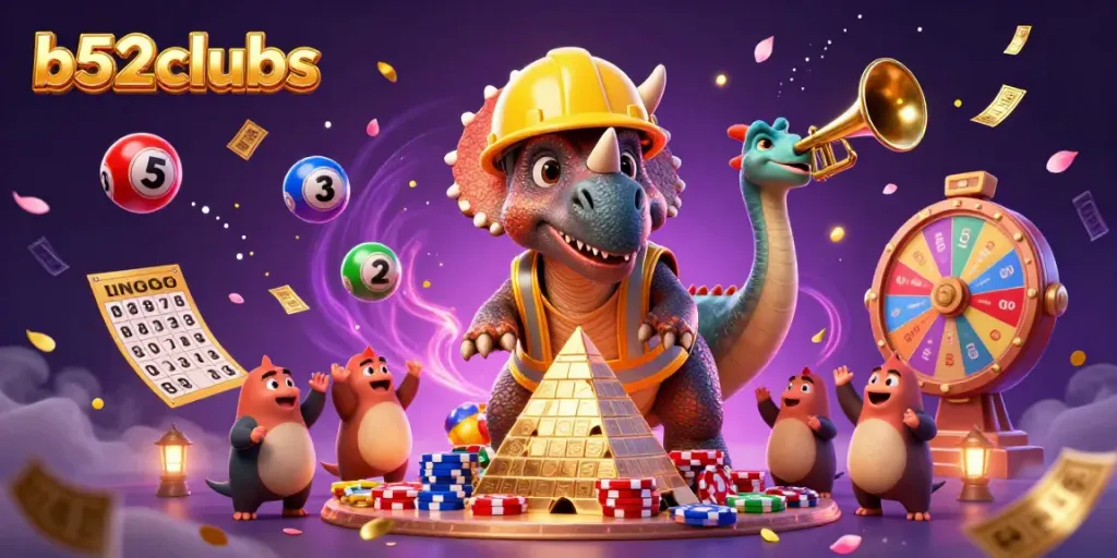 B52clubs featuring a cheerful triceratops building poker chips with lottery elements in vibrant casino.