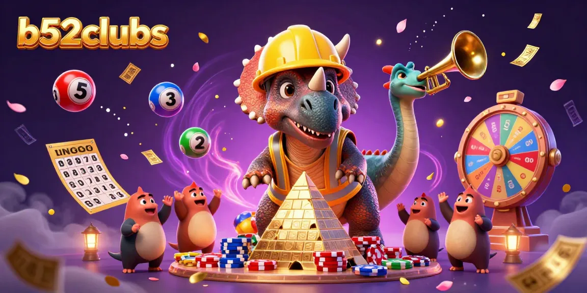 B52clubs featuring a cheerful triceratops building poker chips with lottery elements in vibrant casino.