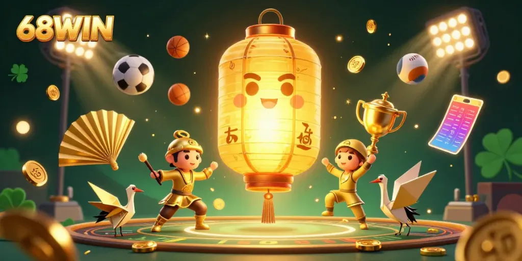 Experience the thrill of 68WIN with a vibrant casino scene featuring animated golden elements.