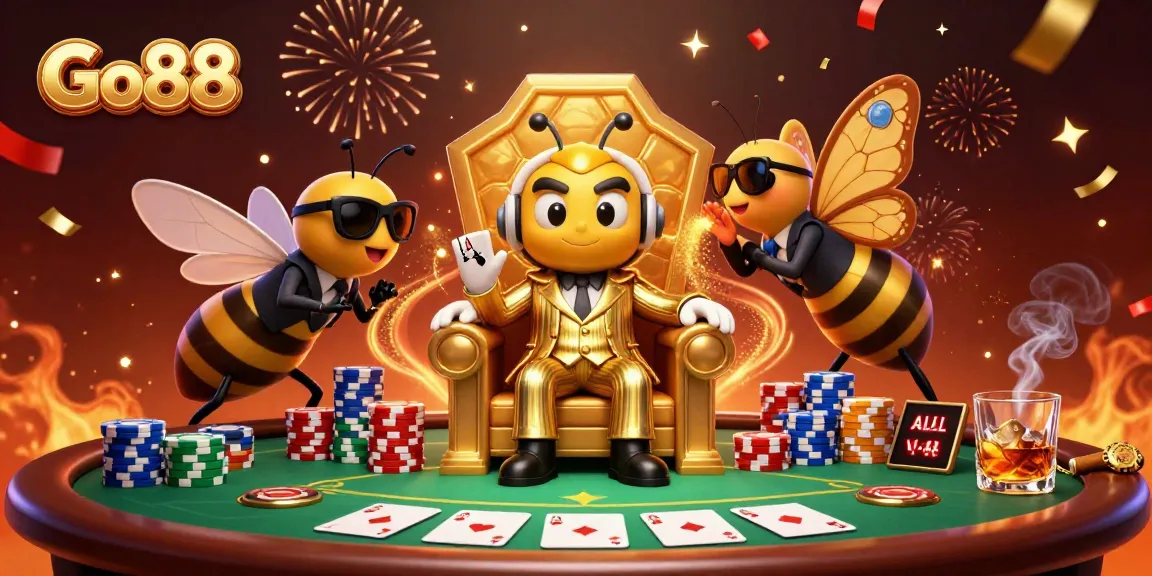 Go88 showcases intense action at a poker table with cartoon characters in a vibrant 3D environment.