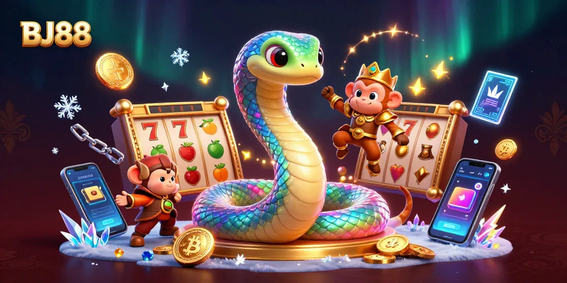 Play thrilling games at BJ88, featuring a vibrant 3D illustration of slots and crypto elements.
