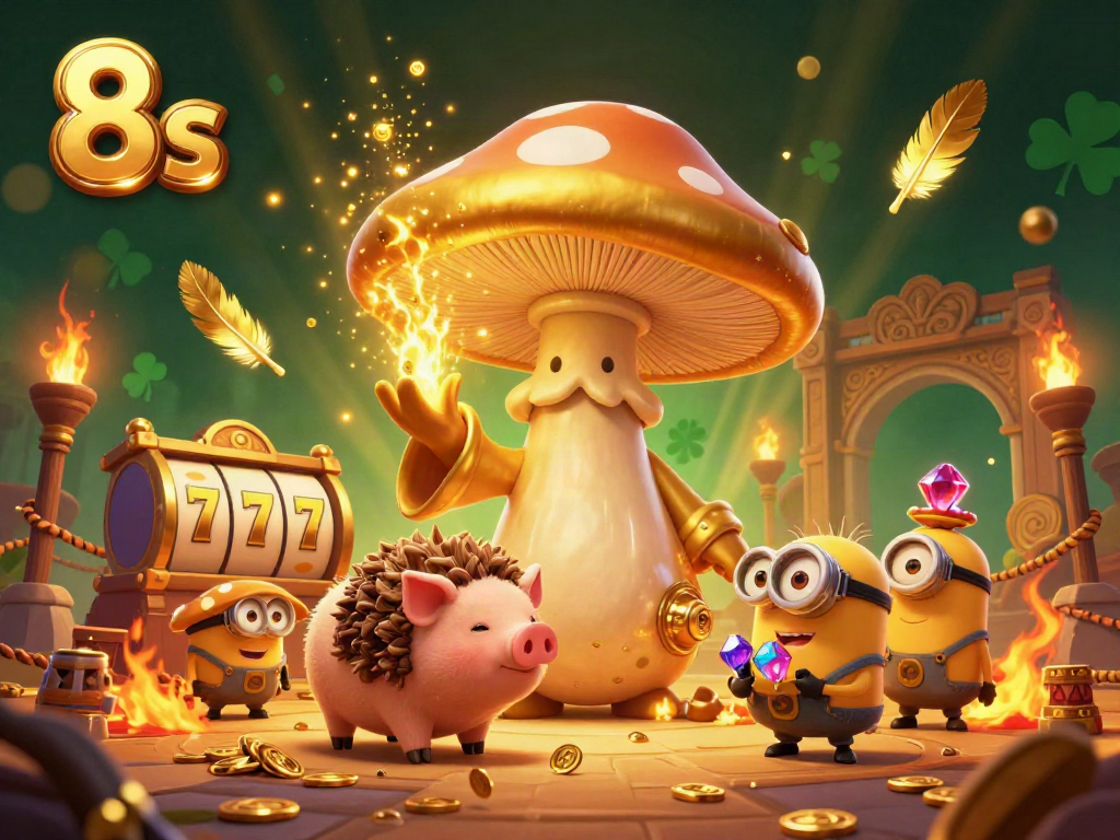 Experience the excitement of 8s with immersive golden magical scenes of treasure and gaming elements.
