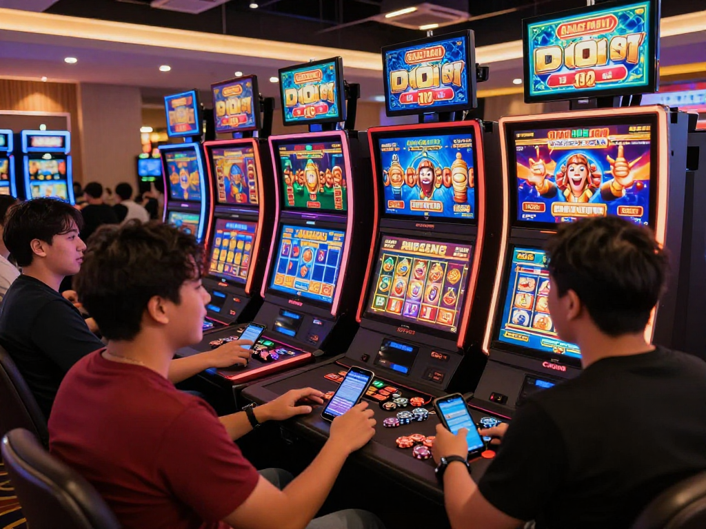 Exciting players at situs slot gacor engaging with vibrant digital slot machines in a modern casino setting.