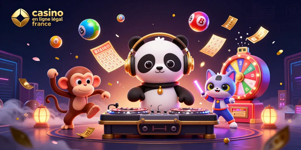 Illustration dynamique de personnages de casino en ligne légal France avec panda et singe, mettant en avant des éléments de jeux.