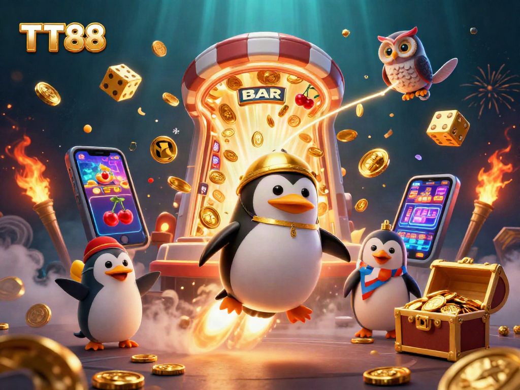 TT88 slots jackpot featuring a golden penguin and vibrant casino elements in a cosmic scene.