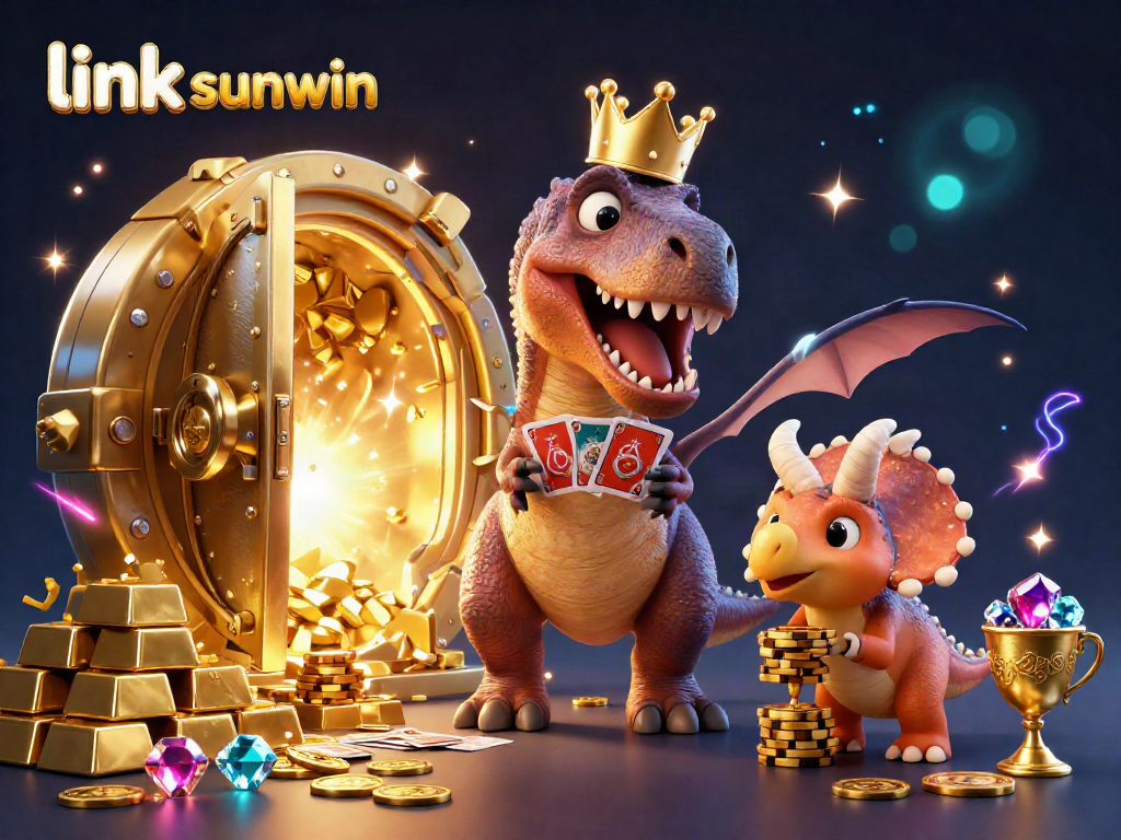 Engage with the vibrant world of link sunwin, featuring a friendly T-Rex shuffling cards amidst treasure and gold.