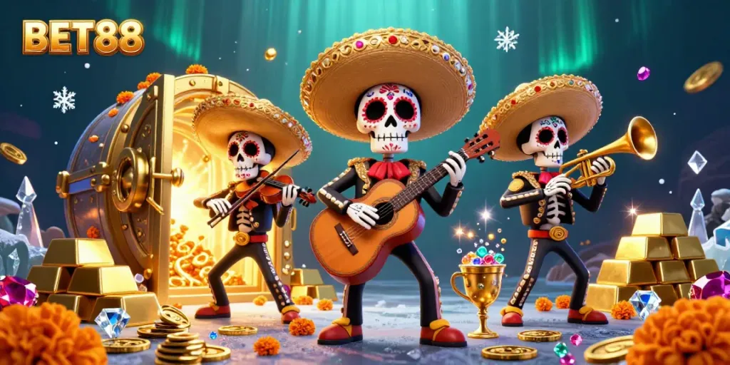 Engage with BET88 featuring vibrant mariachi skeletons amidst a treasure vault bursting with gems.