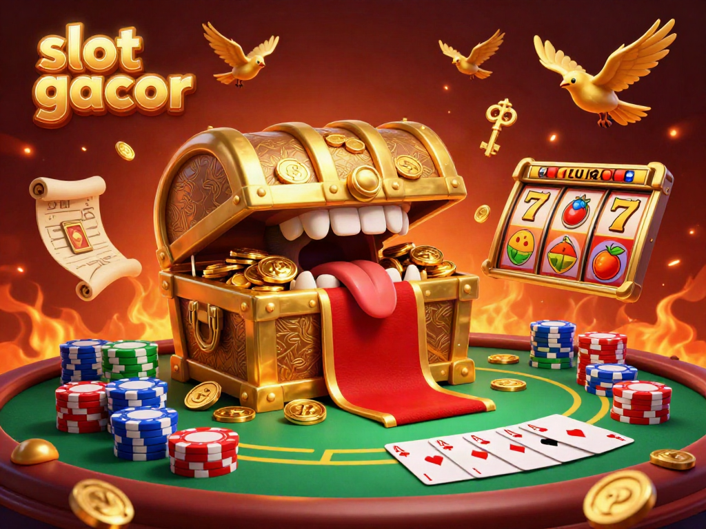 Engage with slot gacor gaming through vibrant 3D scene filled with treasures and casino elements.