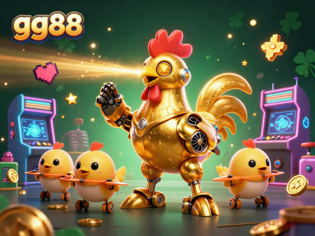 Engage with gg88's thrilling casino experience featuring a golden rooster robot and baby chick drones.