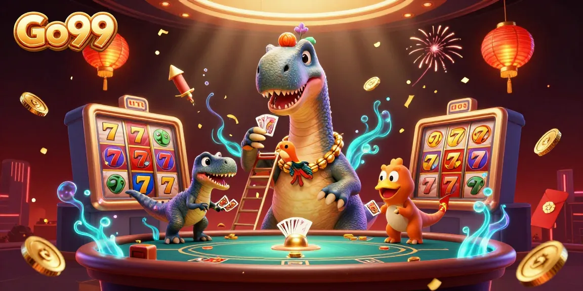 Engage with Go99 at an exciting casino scene featuring vibrant slot machines and dynamic characters.