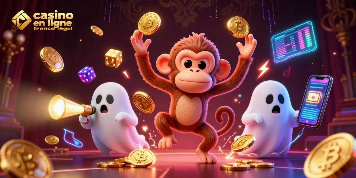 Jouer au casino en ligne légal en France avec des personnages animés entourés d'objets de jeu scintillants.
